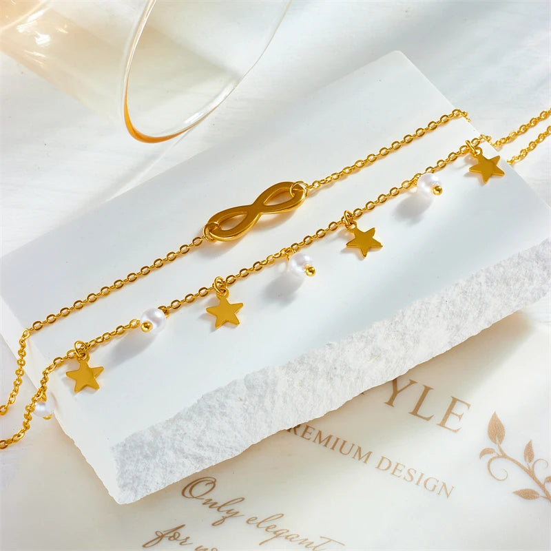 DIEYURO 316L Stainless Steel Star Pearl Number 8 Charm Anklet For Women Girl New Trend Multilayer Chains Anti-Rust Jewelry Gift