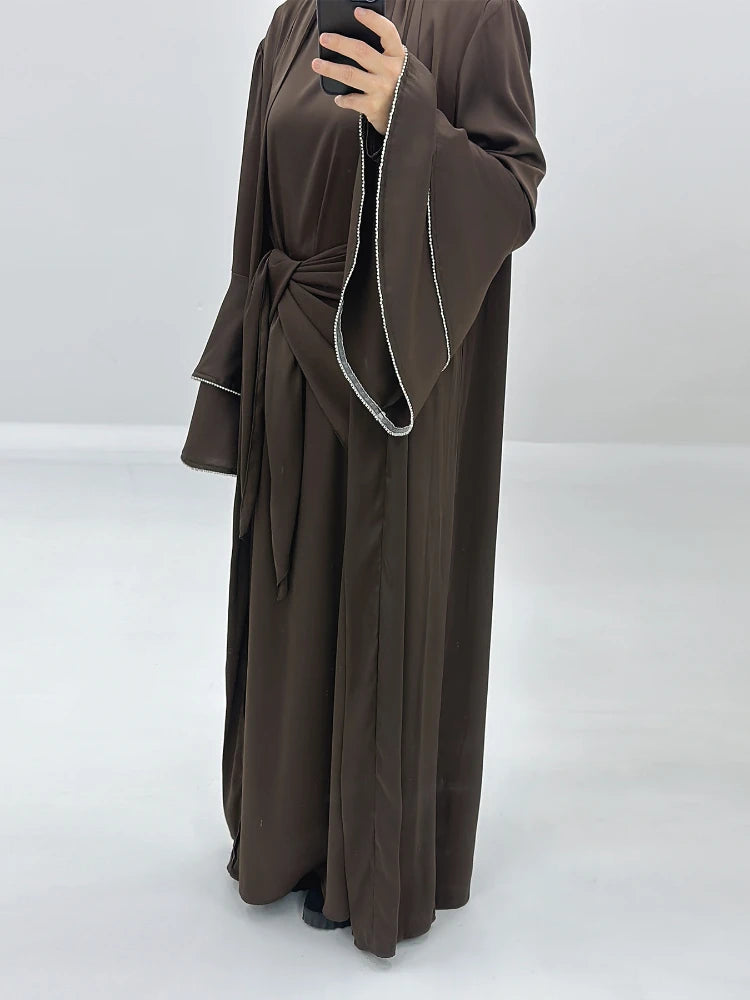 Arab Dubai Muslim Abaya for Women Eid Dress 3 Piece Set Diamond Morocco Ramadan Lace-up Kaftan Islam Prayer Cardigan Long Robe