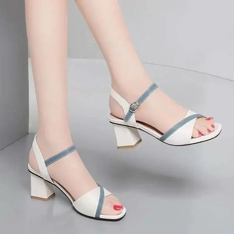 Sandals for Women Block Heel Footwear with Medium Heels Leather One Word Summer 2025 Ladies Shoes Comfortable and Elegant F H Or