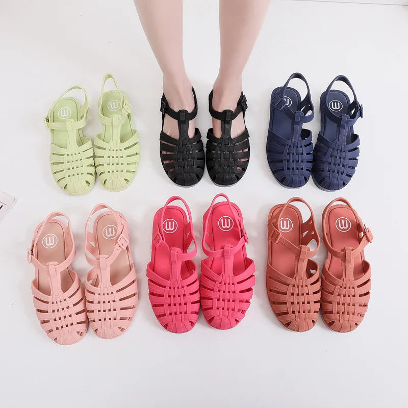 PVC Sandals Women Summer Shoes Roman Sandals Ladies Casual Flat Sole Hollow Candy Color Sandal Beach Shoes