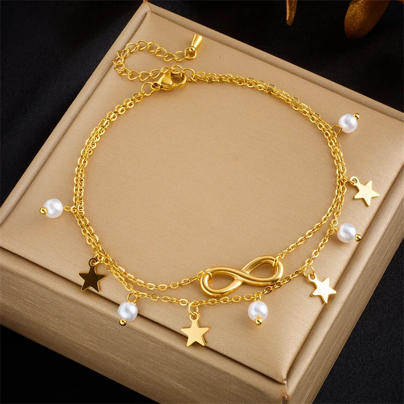 DIEYURO 316L Stainless Steel Star Pearl Number 8 Charm Anklet For Women Girl New Trend Multilayer Chains Anti-Rust Jewelry Gift