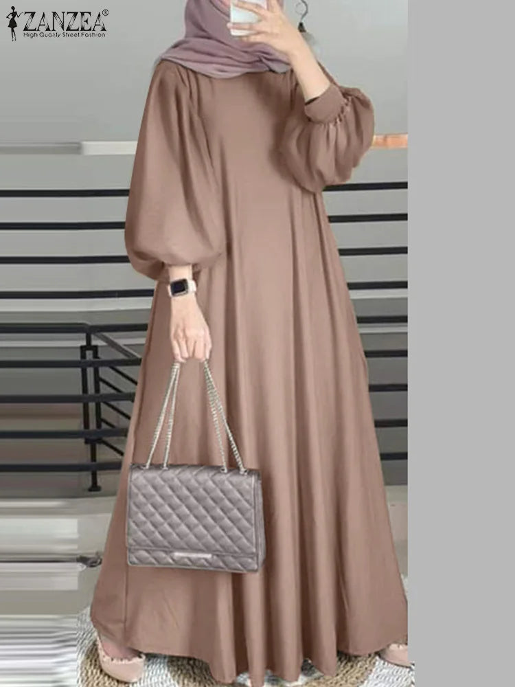 ZANZEA Islamic Hijab Dresses Elegant Long Lantern Sleeve Muslim Abaya Dress Maxi Robe Women Sundress Casual Solid Loose Vestidos