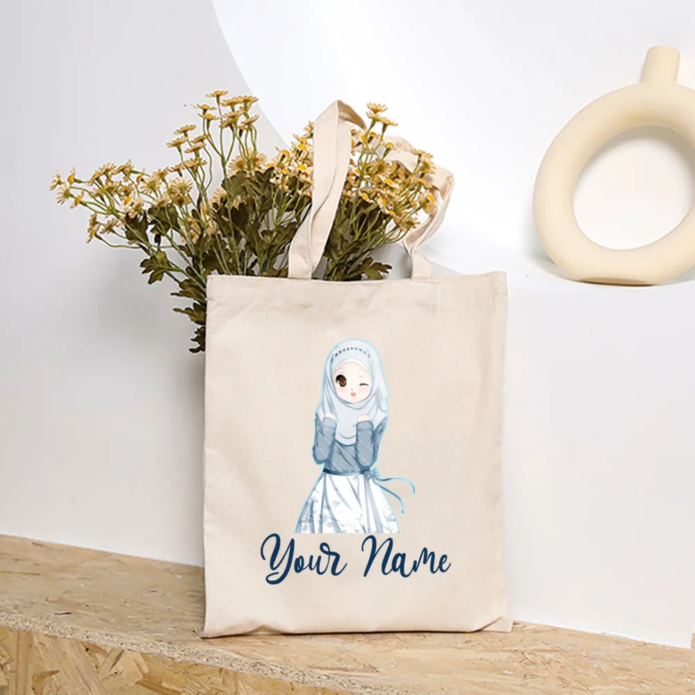 Personalized Hijabi Girls with Name Shoulder Bag Female Travel Canvas Bags Muslim Girls Handbag Harajuku Tote Eid Gift for Her