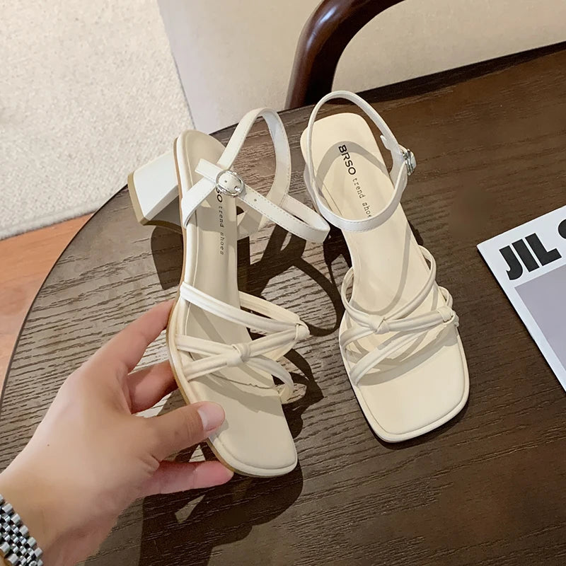Women's Sandals Summer New Square Heel High Shoes Fashion Roman Sandals Black and White Open Toed Woman Slippers Ladies Shoes