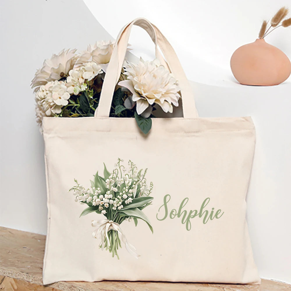 Personalized Shoulder Bag Birth Month Flower with Name Tote Bag Monogram Canvas Bags Wendding Birthday Holiday Best Gift for Her