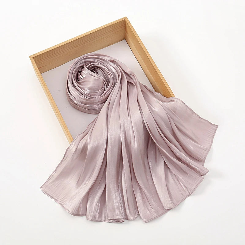 Fashion Plain Shimmer Hijab Wrinkle Scarf Muslim Woman Hijab Shawls Islam Woman Long Wraps Femme Headband Pure Turban