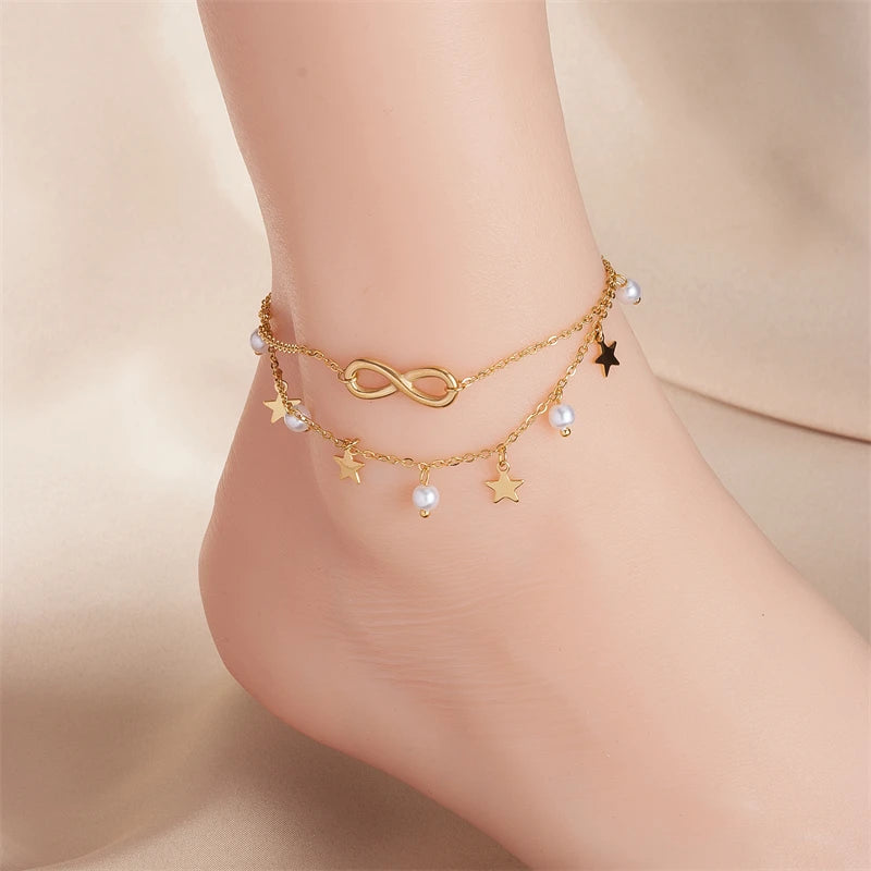 DIEYURO 316L Stainless Steel Star Pearl Number 8 Charm Anklet For Women Girl New Trend Multilayer Chains Anti-Rust Jewelry Gift