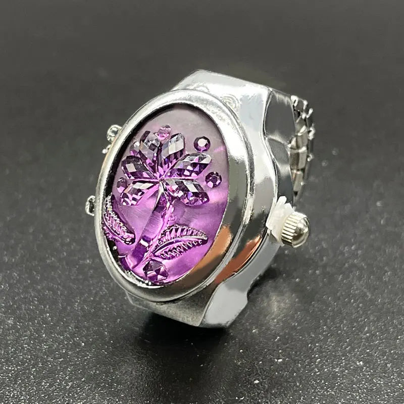 Fashion Women Ring Watch Elliptical Stereo Flower Ladies Clamshell Watches Adjustable Rings Quartz Watches Gifts For Women Ring