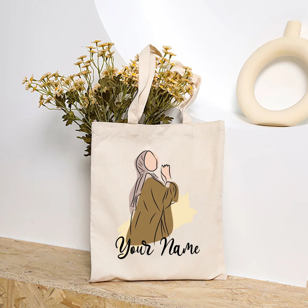 Personalized Hijabi Girls with Name Shoulder Bag Female Travel Canvas Bags Muslim Girls Handbag Harajuku Tote Eid Gift for Her