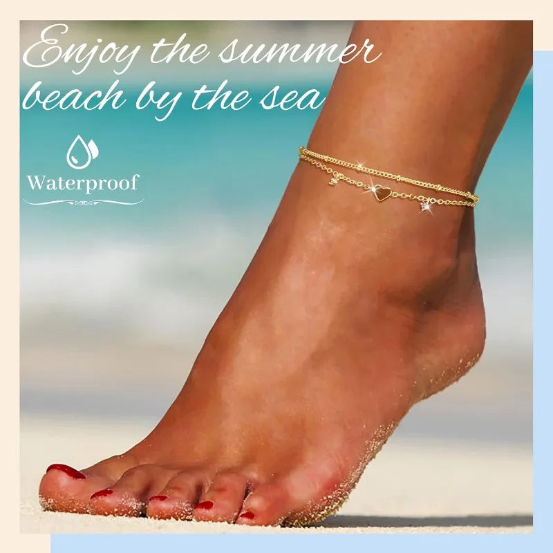 Waterproof Anklet Bracelet for Women, Dainty Stainless Steel CZ & Heart Charm Dainty Layer Chain Anklets for Teen Girls Trendy