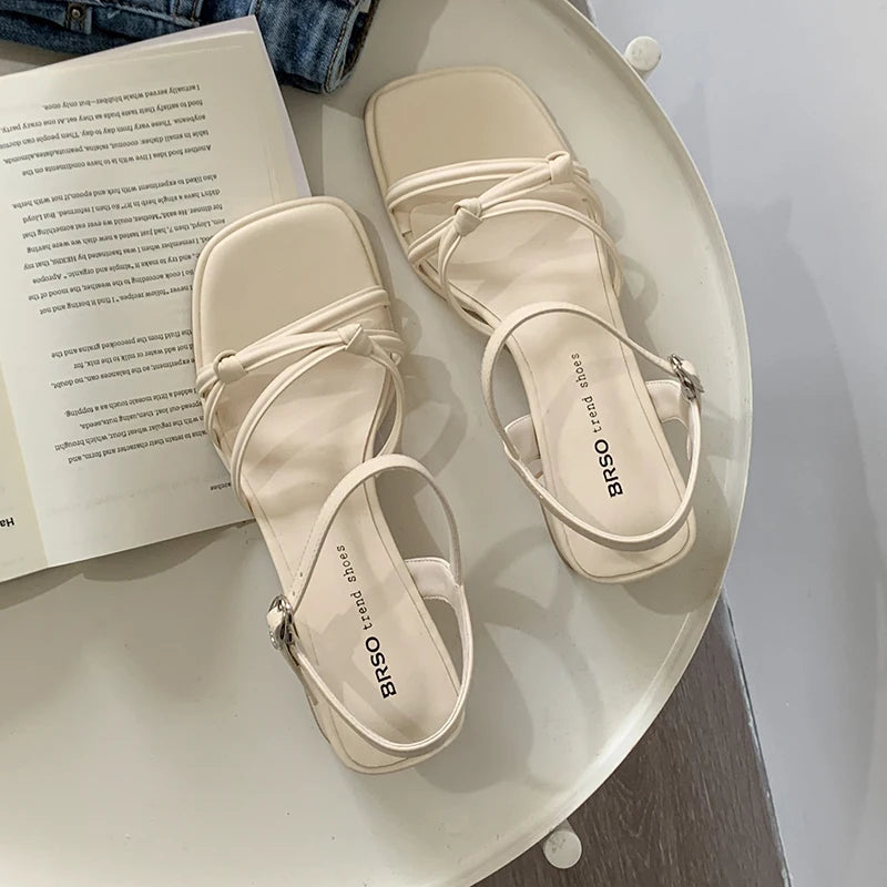 Women's Sandals Summer New Square Heel High Shoes Fashion Roman Sandals Black and White Open Toed Woman Slippers Ladies Shoes