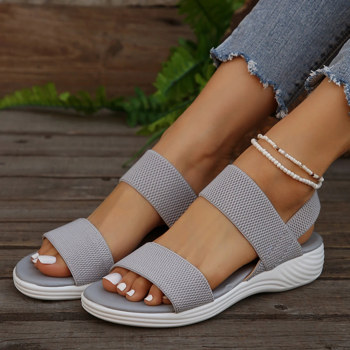 Women's Knit Elastic Cloth Wedge Sandals Slip on Lightweight Walking Sandals Ladies Plus Size Comfortable Summer Shoes for Women