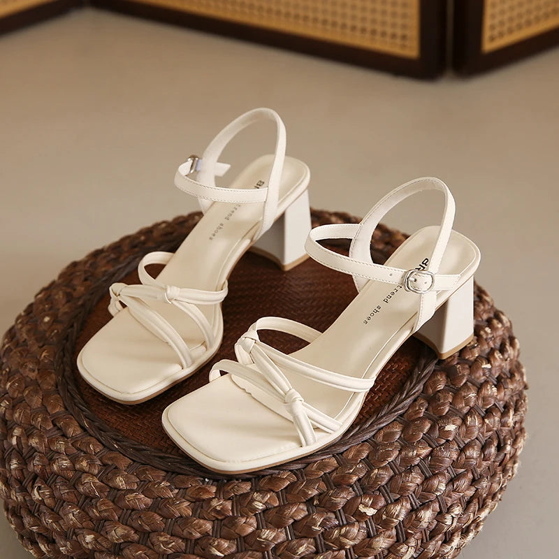 Summer Women Narrow Band Sandals Fashion Thick Heel Shoes Ladies Casual Dress Street Style Sandalis