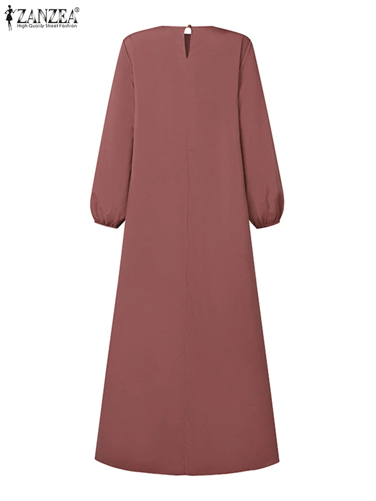 ZANZEA Islamic Hijab Women Abaya Robe Elegant Muslim Fashion O Neck Solid Pleated Dress Spring 2025 Casual Loose A-line Vestidos