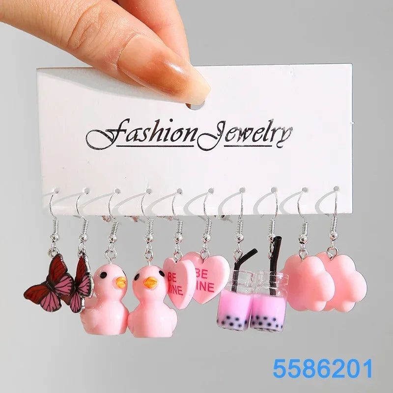 Green Butterfly Heart Dangle Earring Set for Girls Acrylic Gold Color Pearl Set Ear Rings 2023 New Fashion Jewelry Gifts