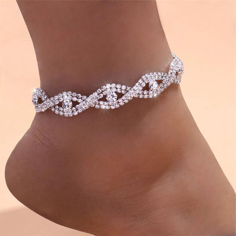 Huitan Paved Green/White CZ Anklet for Women Boho Style Girl Barefoot Sandals Bracelet Ankle on the Leg Beach Summer Accessories