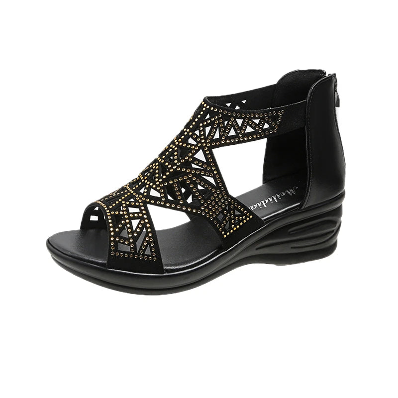 Med Shoes Beige Heeled Sandals Clogs Wedge 2025 Summer Open Toe Medium Black Rhinestone Fashion Platform Low Girls Comfort New