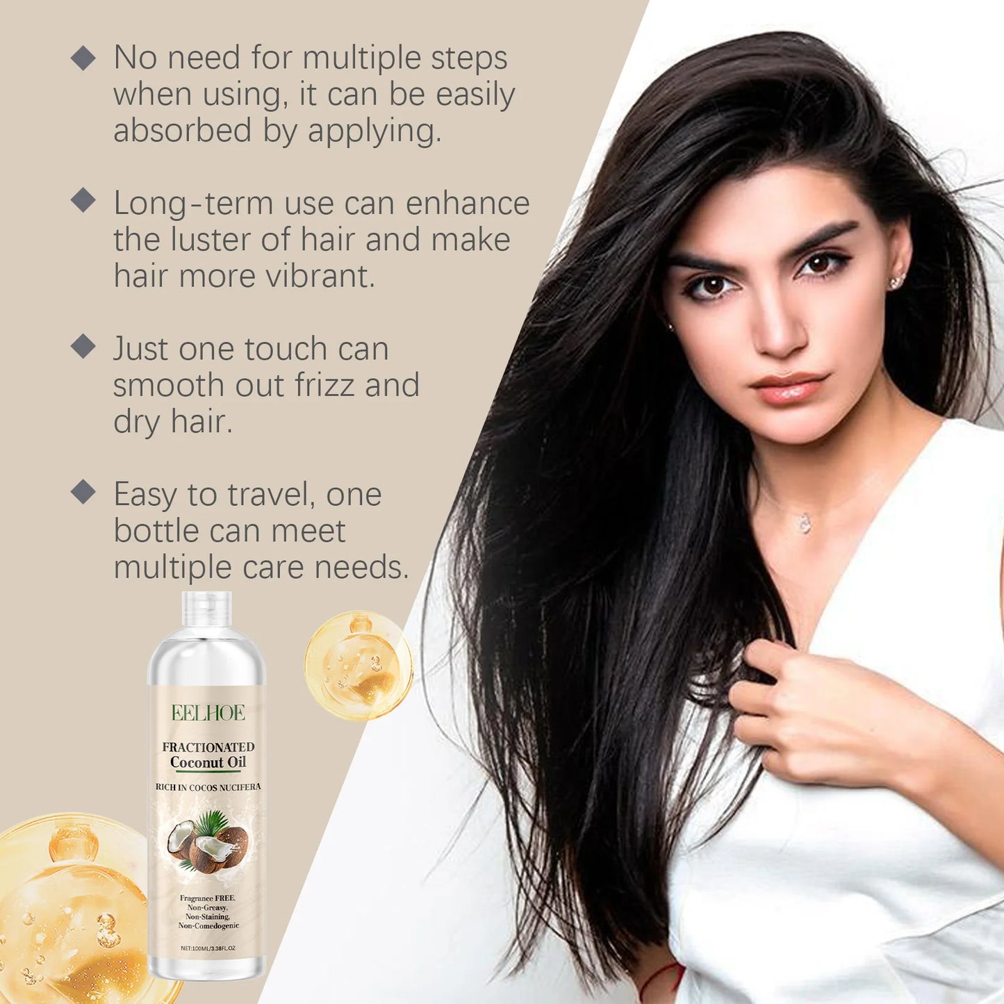 EELHOE Coconut Oil Hair Growth Products Anti-Frizz Hair Strengthener Moisturizing Skin Nourish Multifunctional Coconut Skin Oil