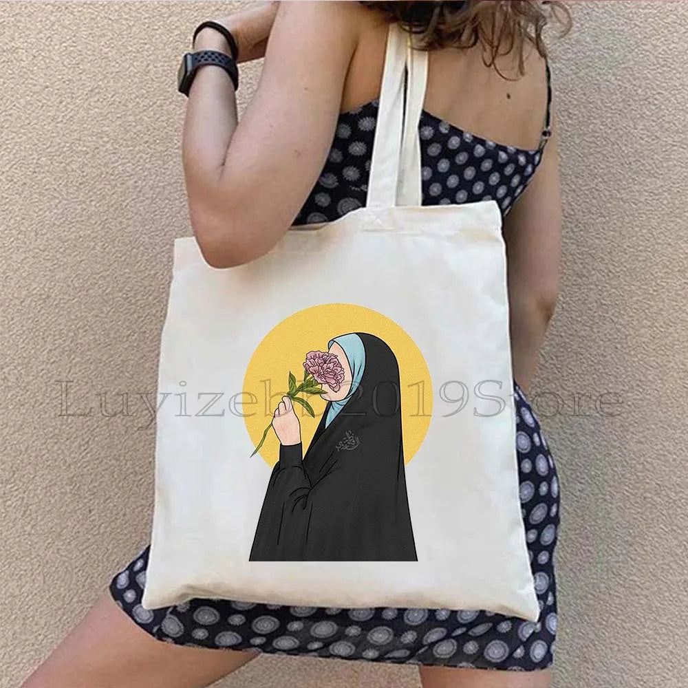 Watercolor Floral Muslim Hijab Women Muslim islamic islam Arabian Shopper Canvas Tote Bag Harajuku Reusable Shoulder Handbag