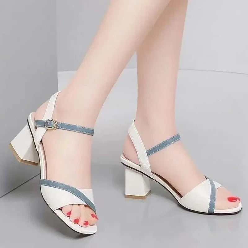 Sandals for Women Block Heel Footwear with Medium Heels Leather One Word Summer 2025 Ladies Shoes Comfortable and Elegant F H Or