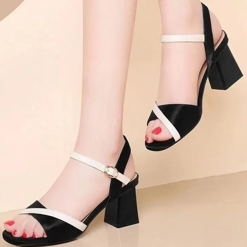 Sandals for Women Block Heel Footwear with Medium Heels Leather One Word Summer 2025 Ladies Shoes Comfortable and Elegant F H Or