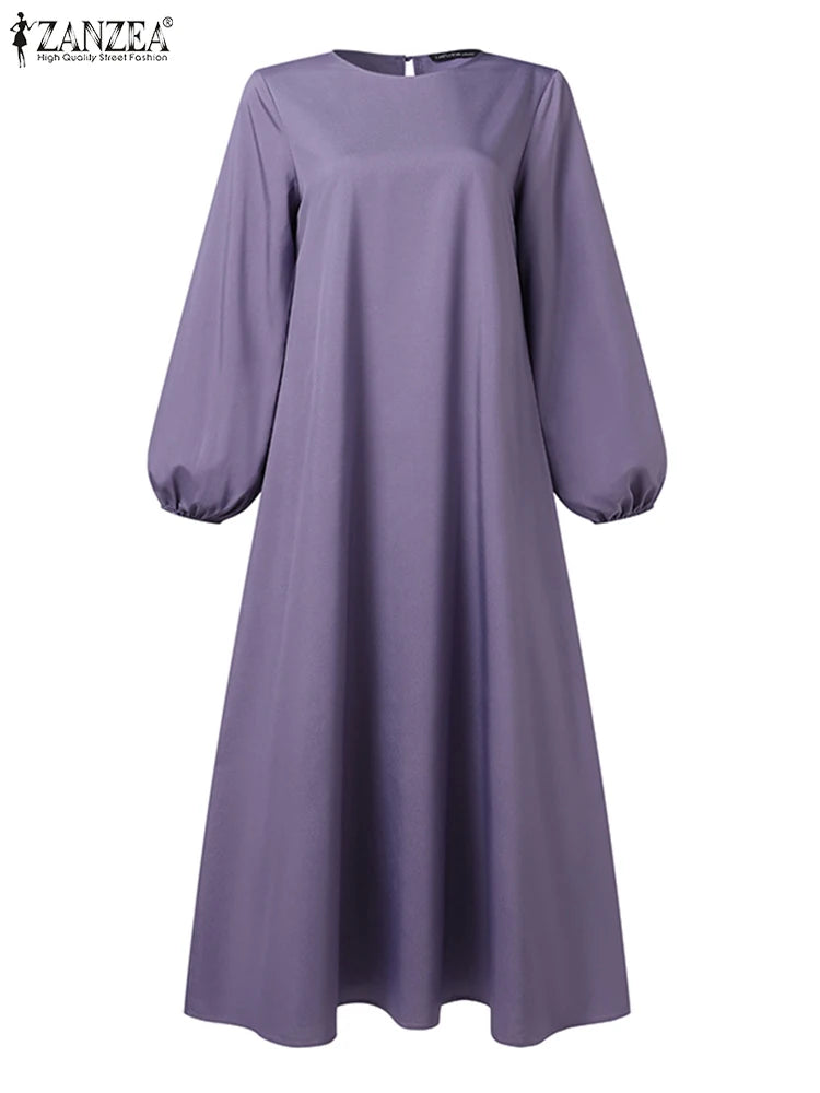 ZANZEA Muslim Women Summer Abaya Sundress Solid Islamic Clothing Marocain Vestido Robe Femme Fashion Long Sleeve Kaftan Dress