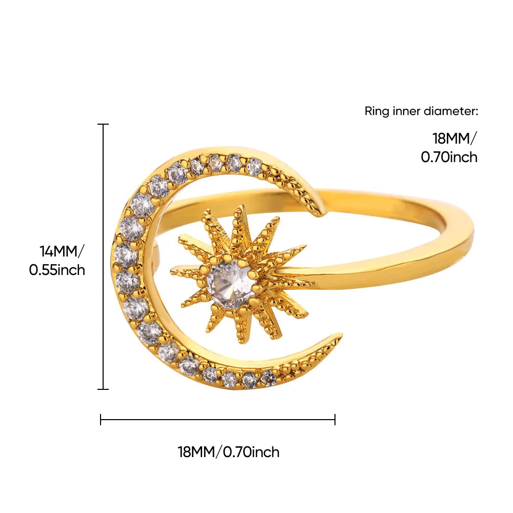 Shiny Zircon Star Moon Open Rings For Women Men Adjsuatble Gold Color Stainless Steel Ring Female Aesthetic Jewelry Gift