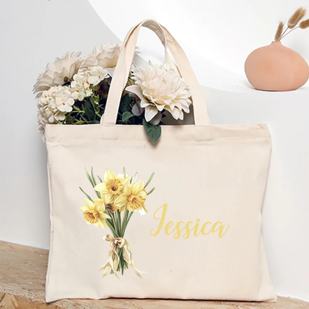 Personalized Shoulder Bag Birth Month Flower with Name Tote Bag Monogram Canvas Bags Wendding Birthday Holiday Best Gift for Her