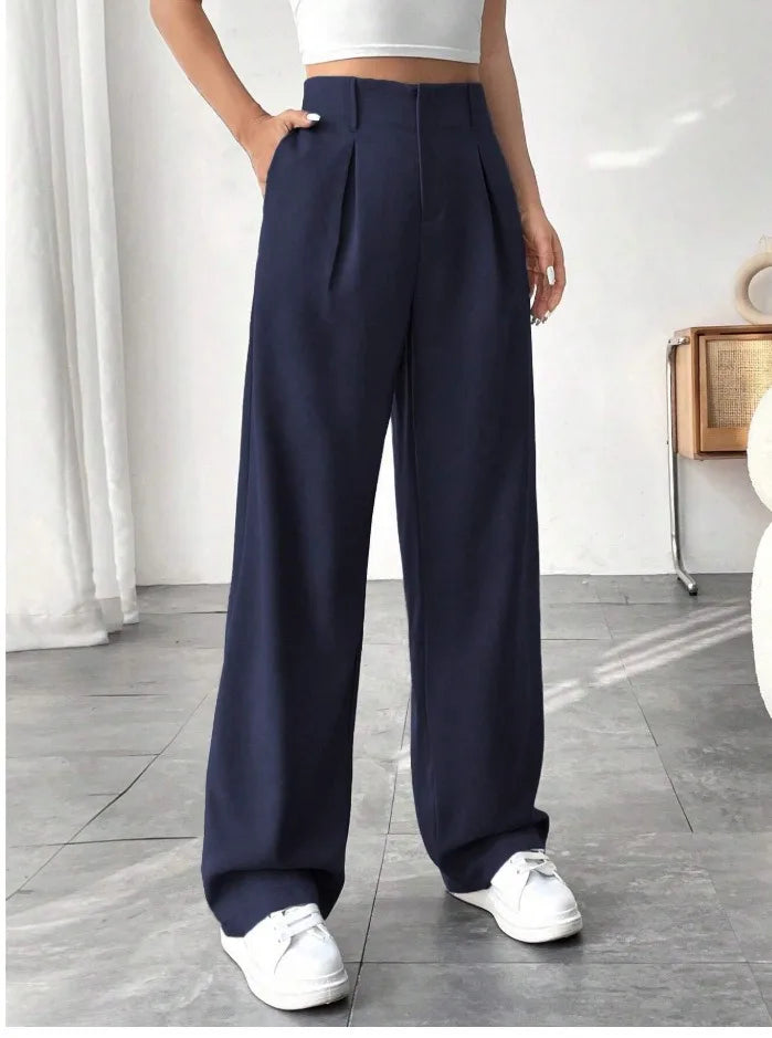 Women High Waist Straight Leg Trousers Slim Fit Solid-coloured Pleated Suit Trousers with Pockets Office Classic Casual Pants