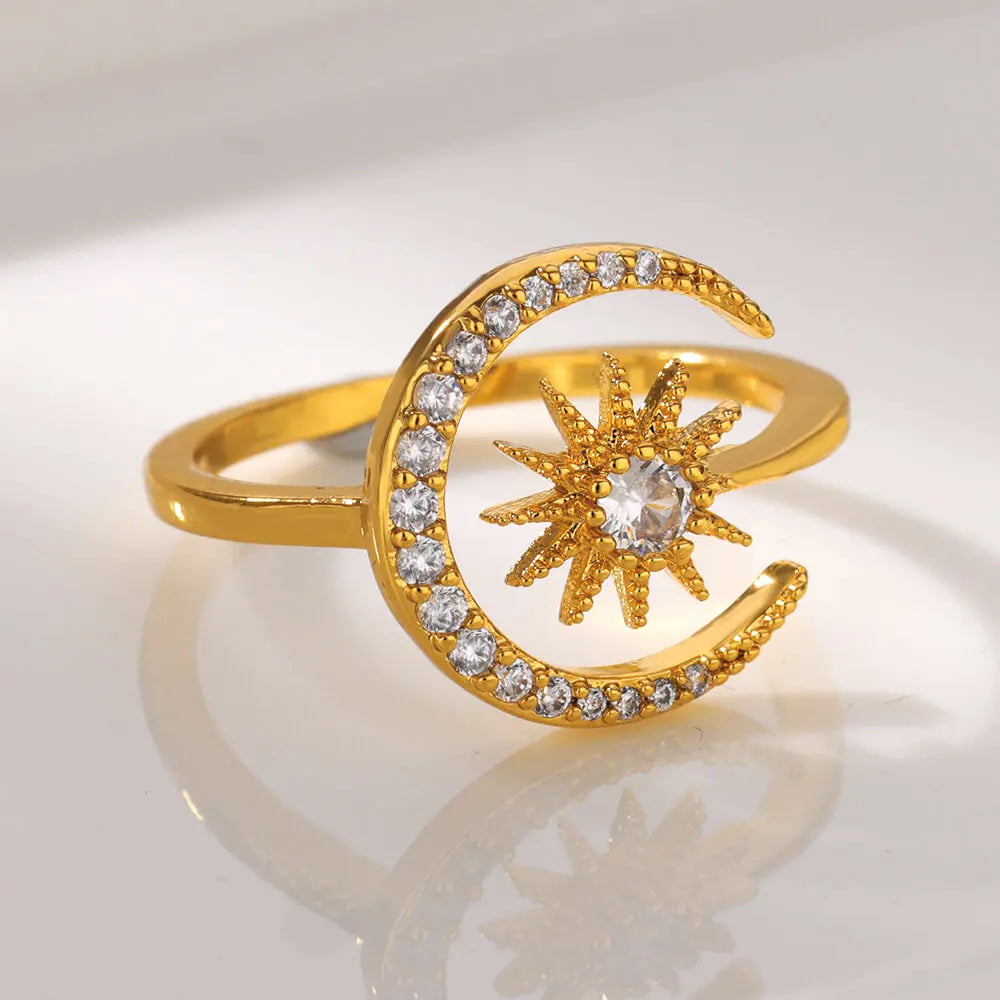 Shiny Zircon Star Moon Open Rings For Women Men Adjsuatble Gold Color Stainless Steel Ring Female Aesthetic Jewelry Gift