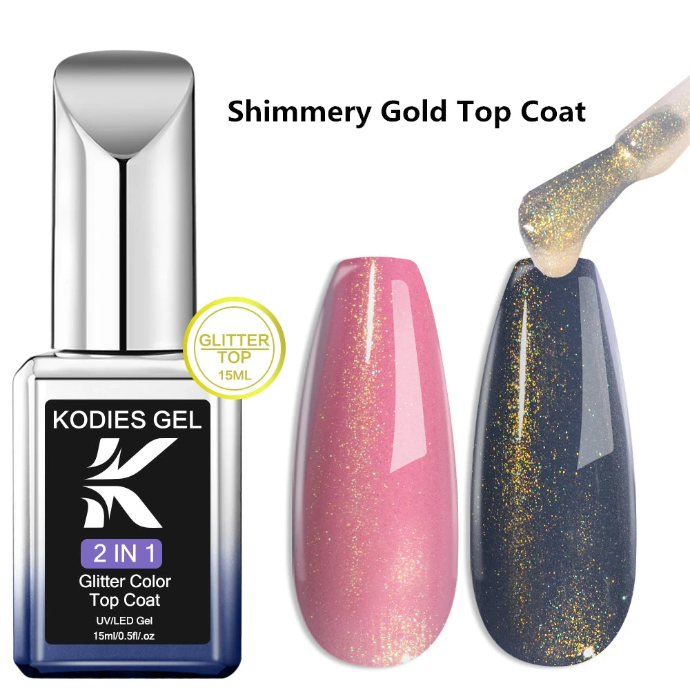 KODIES GEL Glitter Top Coat Shimmery Gold UV Gel Nail Polsih Holographic Laser Gellak Semi Permanent Super Shine Topcoat No Wipe