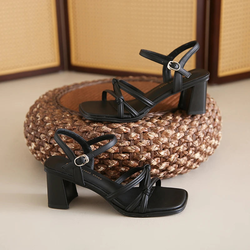 Summer Women Narrow Band Sandals Fashion Thick Heel Shoes Ladies Casual Dress Street Style Sandalis