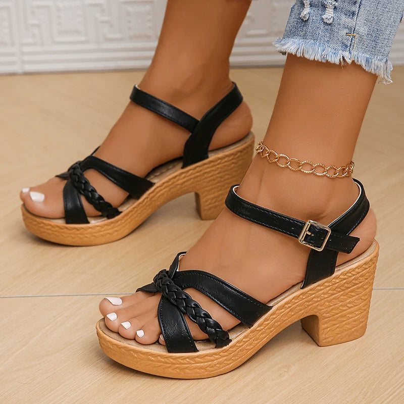 Women's Braided High Heels Sandals 2025 Summer Chunky Platform Gladiator Sandals Woman Ankle Straps Vacation Casual Beach Shoes
