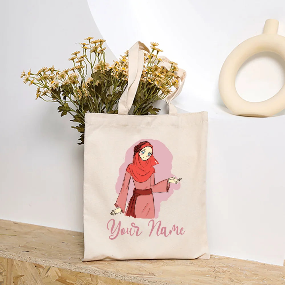 Personalized Hijabi Girls with Name Shoulder Bag Female Travel Canvas Bags Muslim Girls Handbag Harajuku Tote Eid Gift for Her