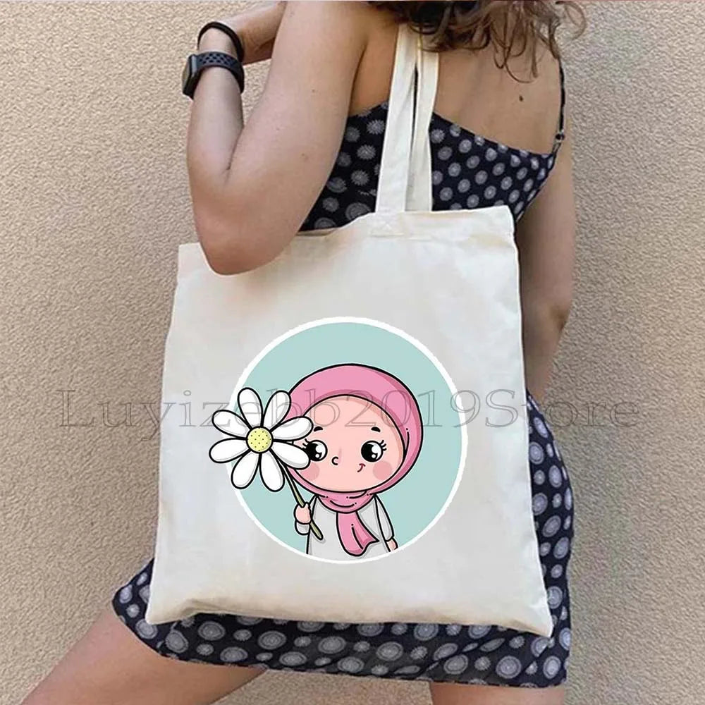 Watercolor Floral Muslim Hijab Women Muslim islamic islam Arabian Shopper Canvas Tote Bag Harajuku Reusable Shoulder Handbag