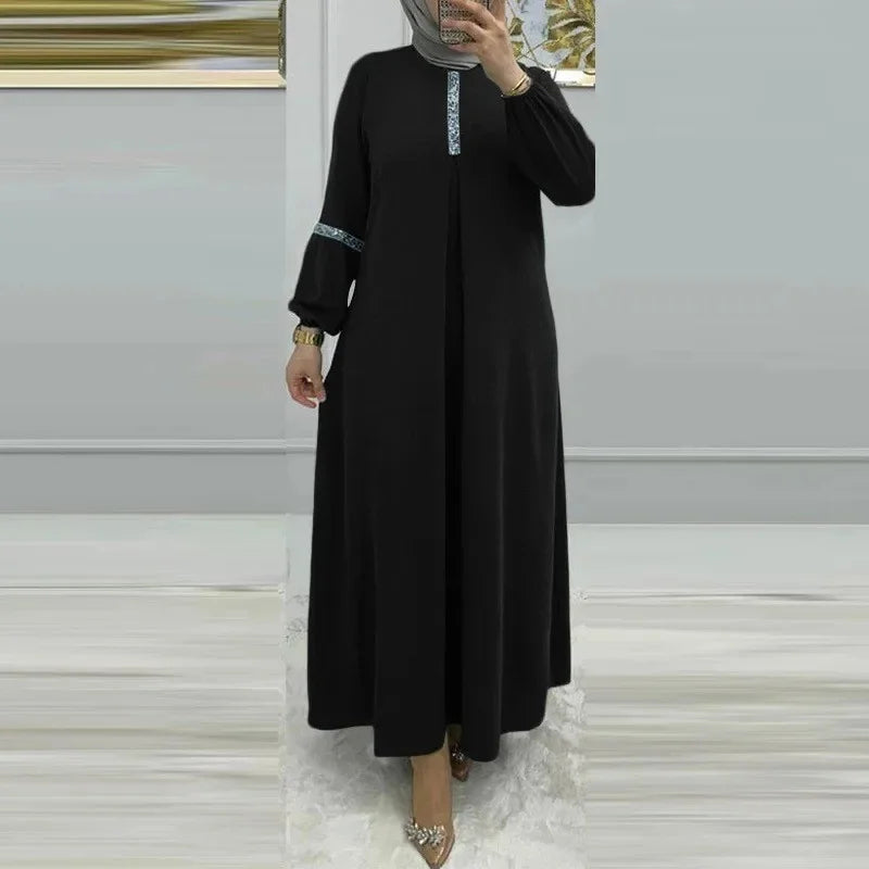 Muslim Women's Long Sleeve Sequin Dress Fashionable Bubble Sleeve Maxi Gown Elegant Pure Color Robe for Women Adults Girls