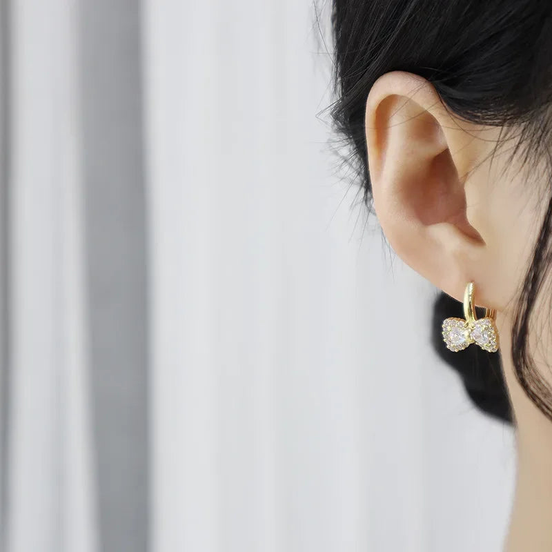 Korea New Design Fashion Jewelry Real Gold plating Sweet Small Bow G Zirconia Earrings Elegant Women's Daily Accessories