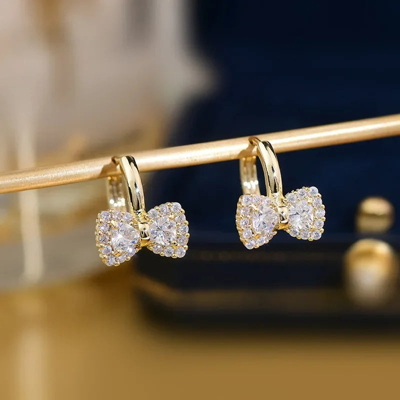 Korea New Design Fashion Jewelry Real Gold plating Sweet Small Bow G Zirconia Earrings Elegant Women's Daily Accessories