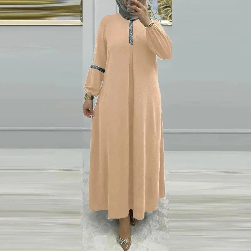 Muslim Women's Long Sleeve Sequin Dress Fashionable Bubble Sleeve Maxi Gown Elegant Pure Color Robe for Women Adults Girls