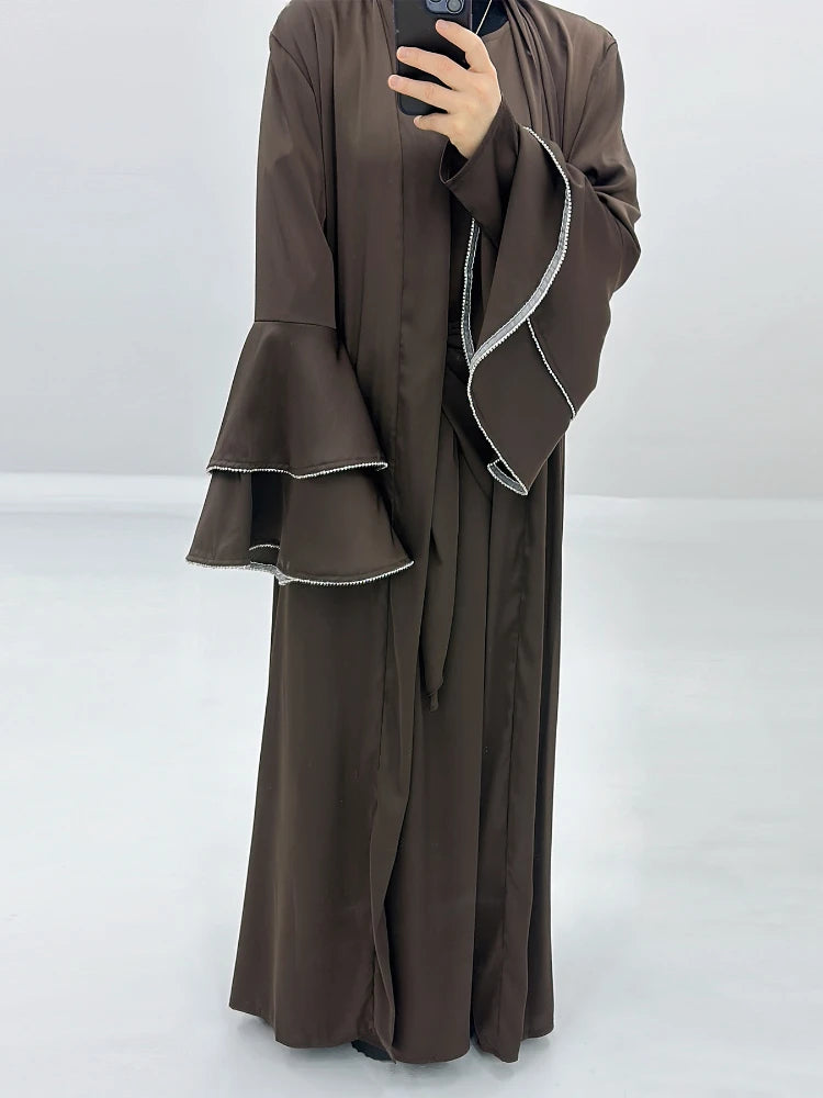 Arab Dubai Muslim Abaya for Women Eid Dress 3 Piece Set Diamond Morocco Ramadan Lace-up Kaftan Islam Prayer Cardigan Long Robe