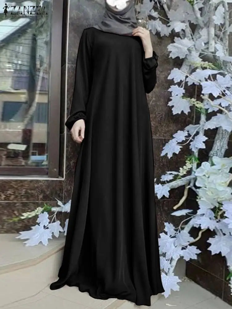 ZANZEA Muslim Women Summer Abaya Sundress Solid Islamic Clothing Marocain Vestido Robe Femme Fashion Long Sleeve Kaftan Dress