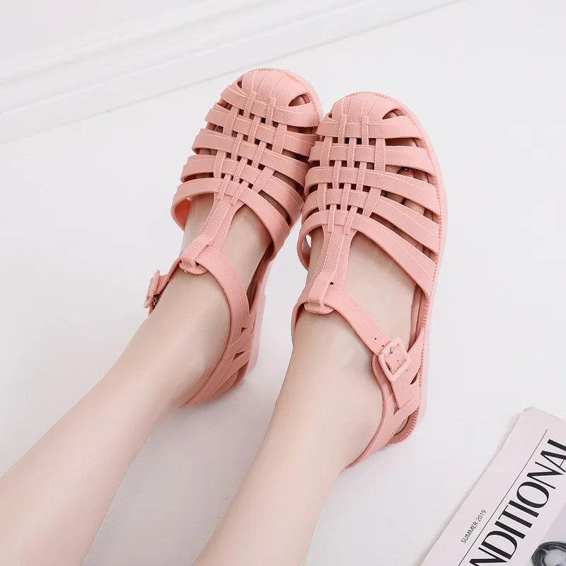 PVC Sandals Women Summer Shoes Roman Sandals Ladies Casual Flat Sole Hollow Candy Color Sandal Beach Shoes