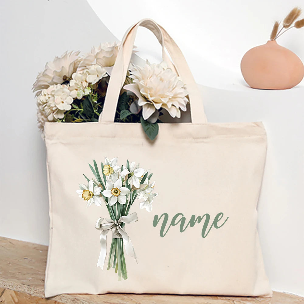 Personalized Shoulder Bag Birth Month Flower with Name Tote Bag Monogram Canvas Bags Wendding Birthday Holiday Best Gift for Her
