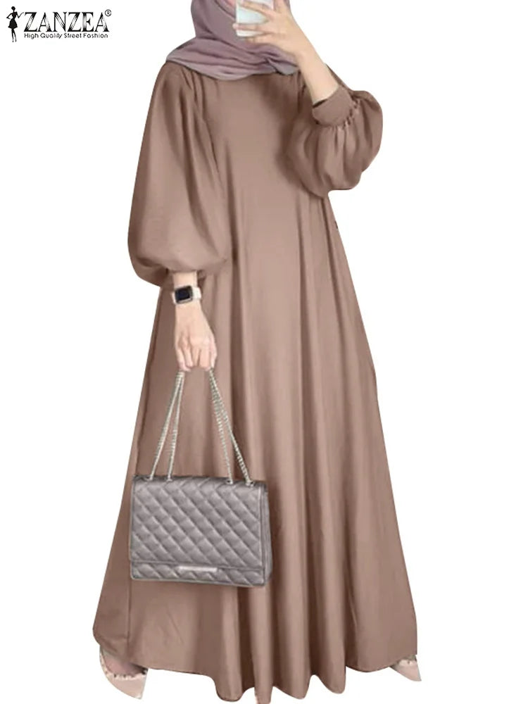 ZANZEA Islamic Hijab Dresses Elegant Long Lantern Sleeve Muslim Abaya Dress Maxi Robe Women Sundress Casual Solid Loose Vestidos