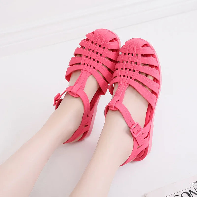 PVC Sandals Women Summer Shoes Roman Sandals Ladies Casual Flat Sole Hollow Candy Color Sandal Beach Shoes