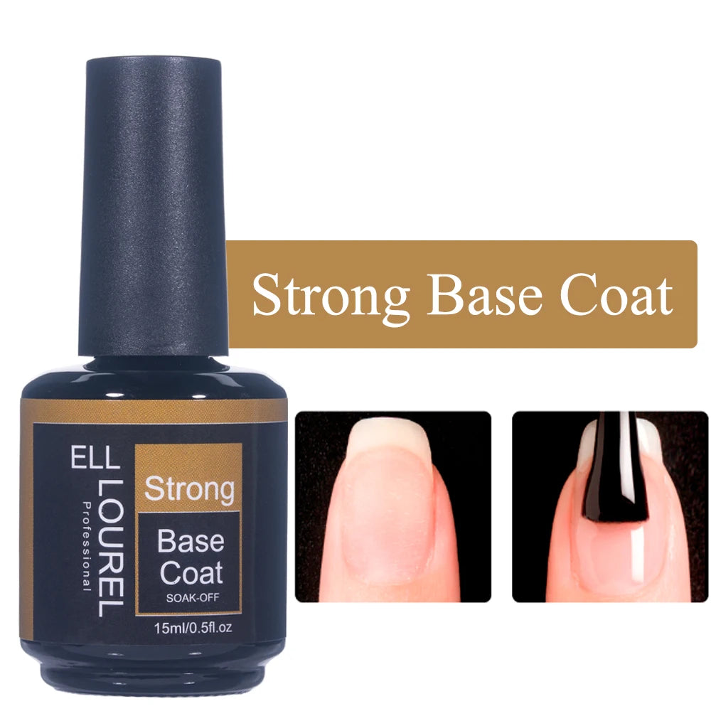 ELL LOUREL Upgrade Base Coat Top Coat No Wipe UV Gel Polish 15ML Semi Permanent Glitter Tempered Top Function Gel Nail Polish