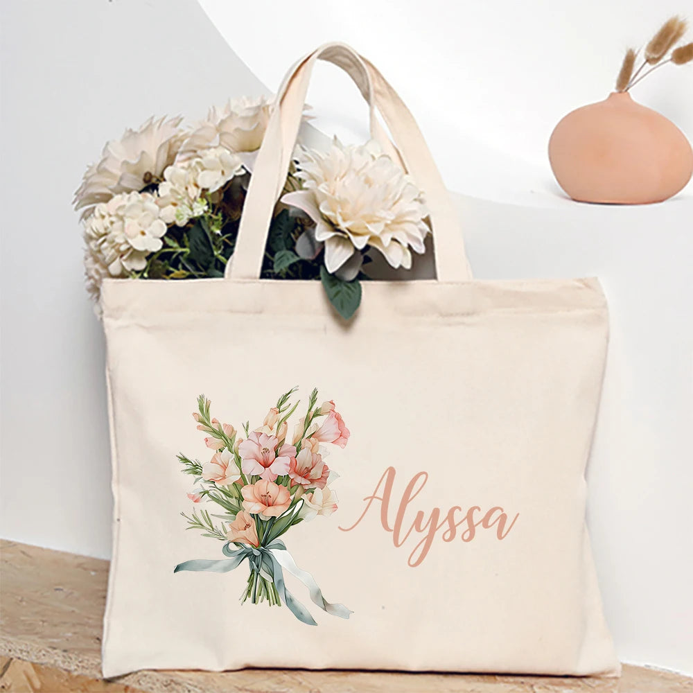 Personalized Shoulder Bag Birth Month Flower with Name Tote Bag Monogram Canvas Bags Wendding Birthday Holiday Best Gift for Her