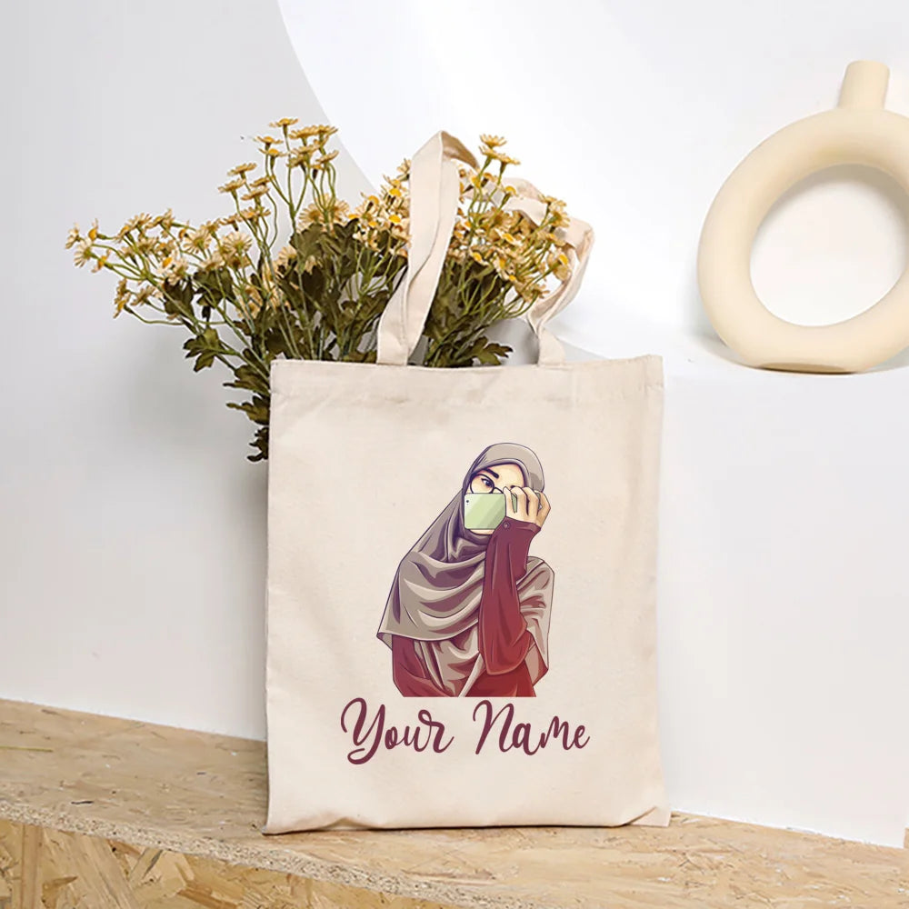 Personalized Hijabi Girls with Name Shoulder Bag Female Travel Canvas Bags Muslim Girls Handbag Harajuku Tote Eid Gift for Her