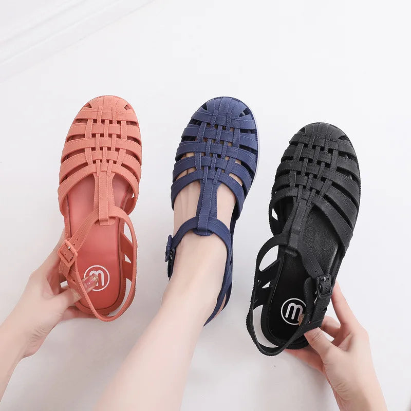 PVC Sandals Women Summer Shoes Roman Sandals Ladies Casual Flat Sole Hollow Candy Color Sandal Beach Shoes