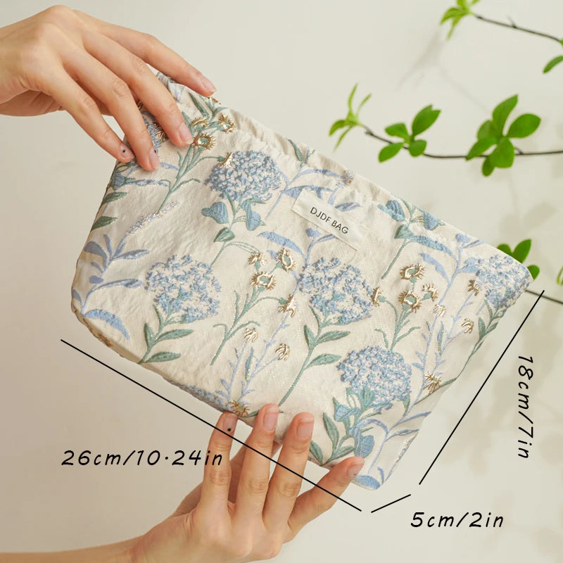 Women's Makeup Bag, Blue Bouquet, Large Capacity Sanitary Napkin, Touch-up, Makeup Supplies, Canvas Storage Bag, Toiletry Bag